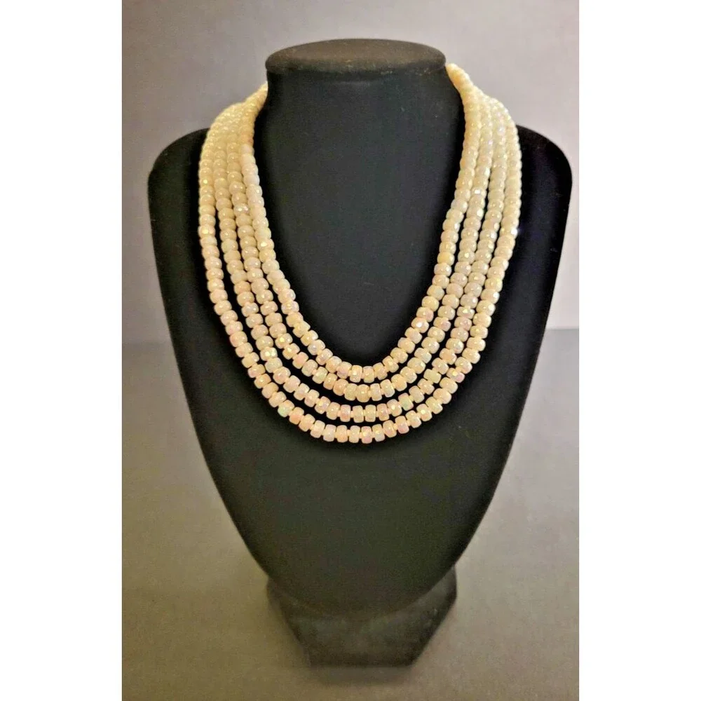 Vintage 1950s 4 Strand Opalescent Glass Bead Necklace Wedding Glam Mid Century